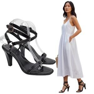 Tods Ankle Wrap Adjustable Strap Black Leather Open Toe Heels Shoes Size 7